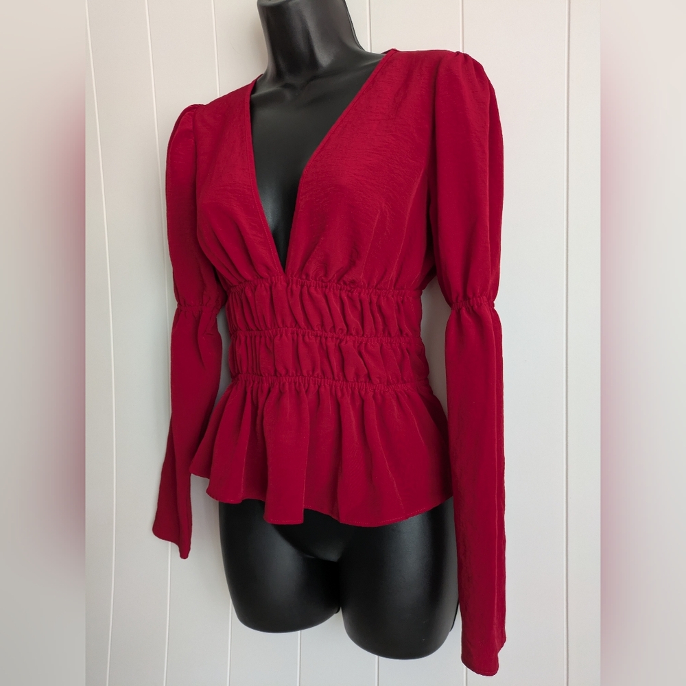 ASOS Red Deep Plunge Peplum Top, Size 4 Long Sleeve, Ruching Waist, V Neck - Picture 3 of 11